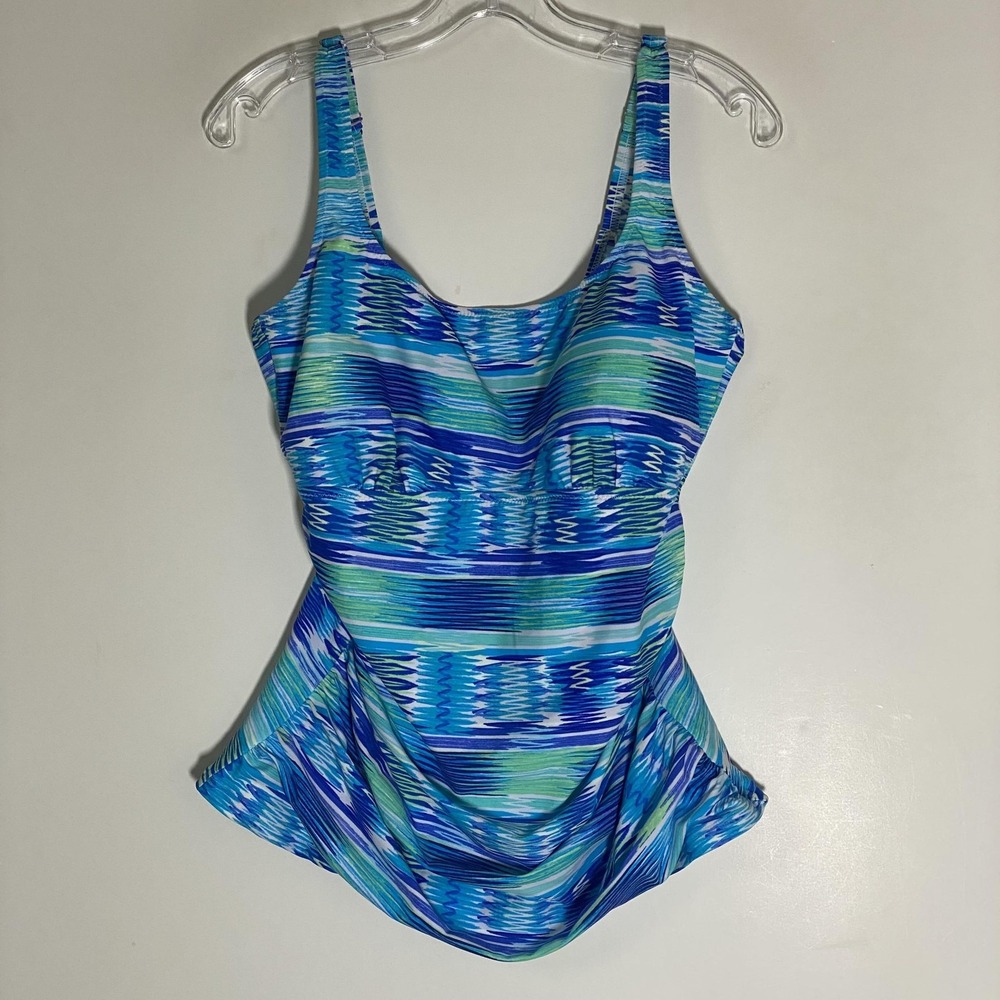 Profile By Gottex Tankini Top Womens Plus 16W Blue Ikat Layered Ruched Swimwear